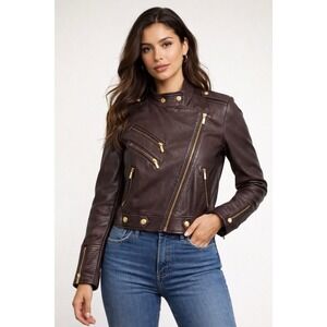 Truth + Pride Burgundy Brown Leather Moto Jacket Womens Medium Asymetrical Zip